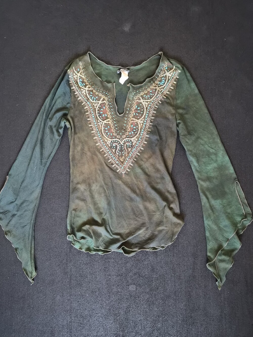 Y2k Faux Embroidery Green Boho Long-Sleeve Women's Top Fairycore Bell Sleeve